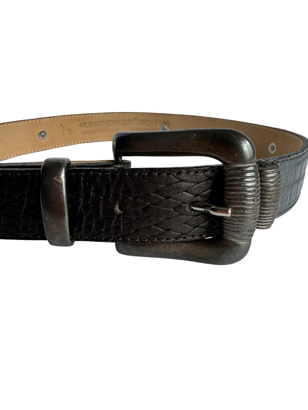 1998 Leatherock Artisan Leather Belt Sz S Gunmetal Buckle Vintage Boho Western